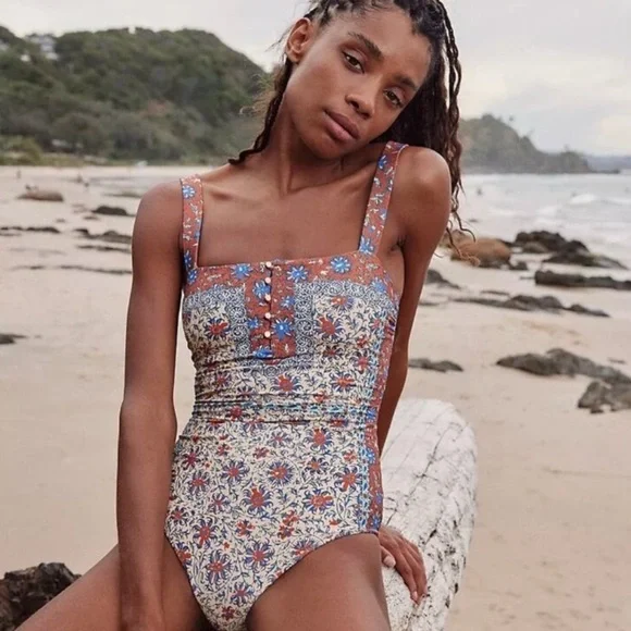BOTEH Clementine Zoey Button Detail Multi Print One Piece Swimsuit SZ L - Picture 4 of 10